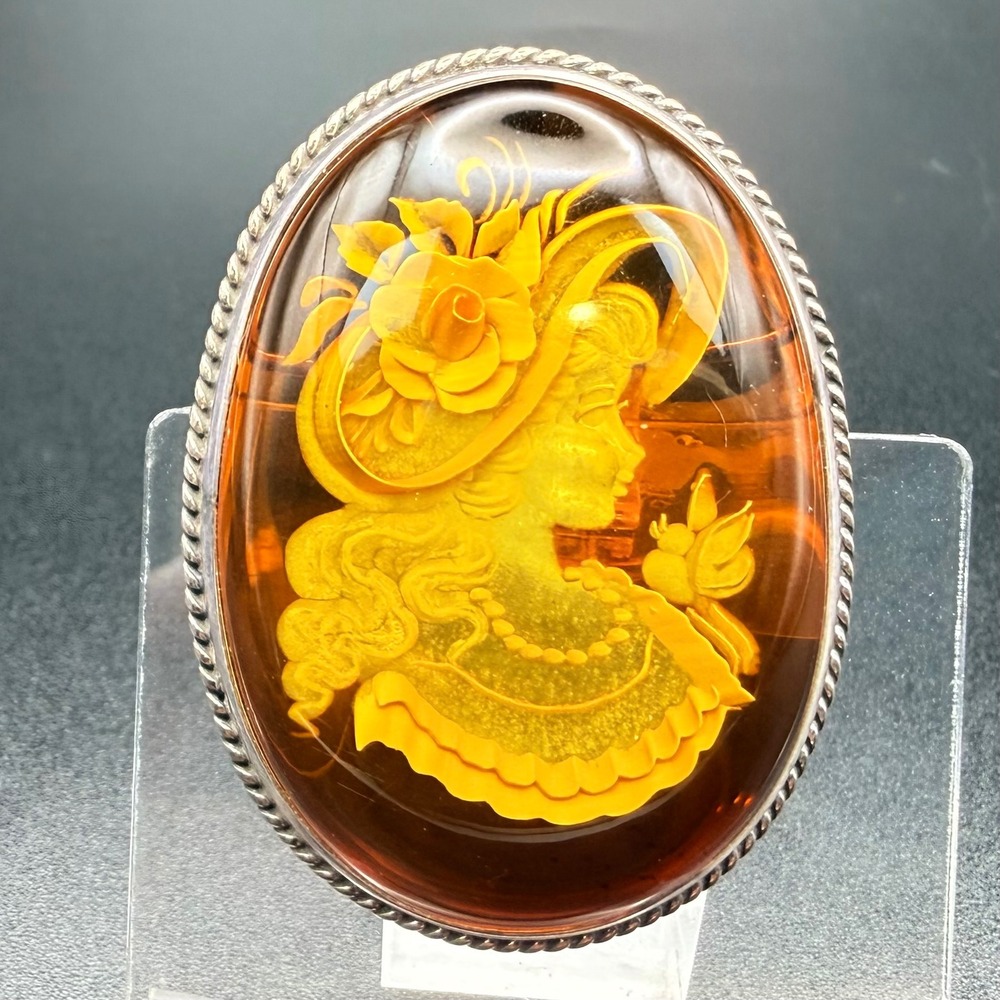 Reverse Carved Amber Brooch Pendant Sterling Silver 925 Victorian Lady Cameo